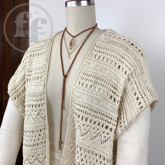 Crochet Knit Fringe Open Front Kimono Cardigan Sweater Shawl Duster Vest Topper - Picture 8 of 11